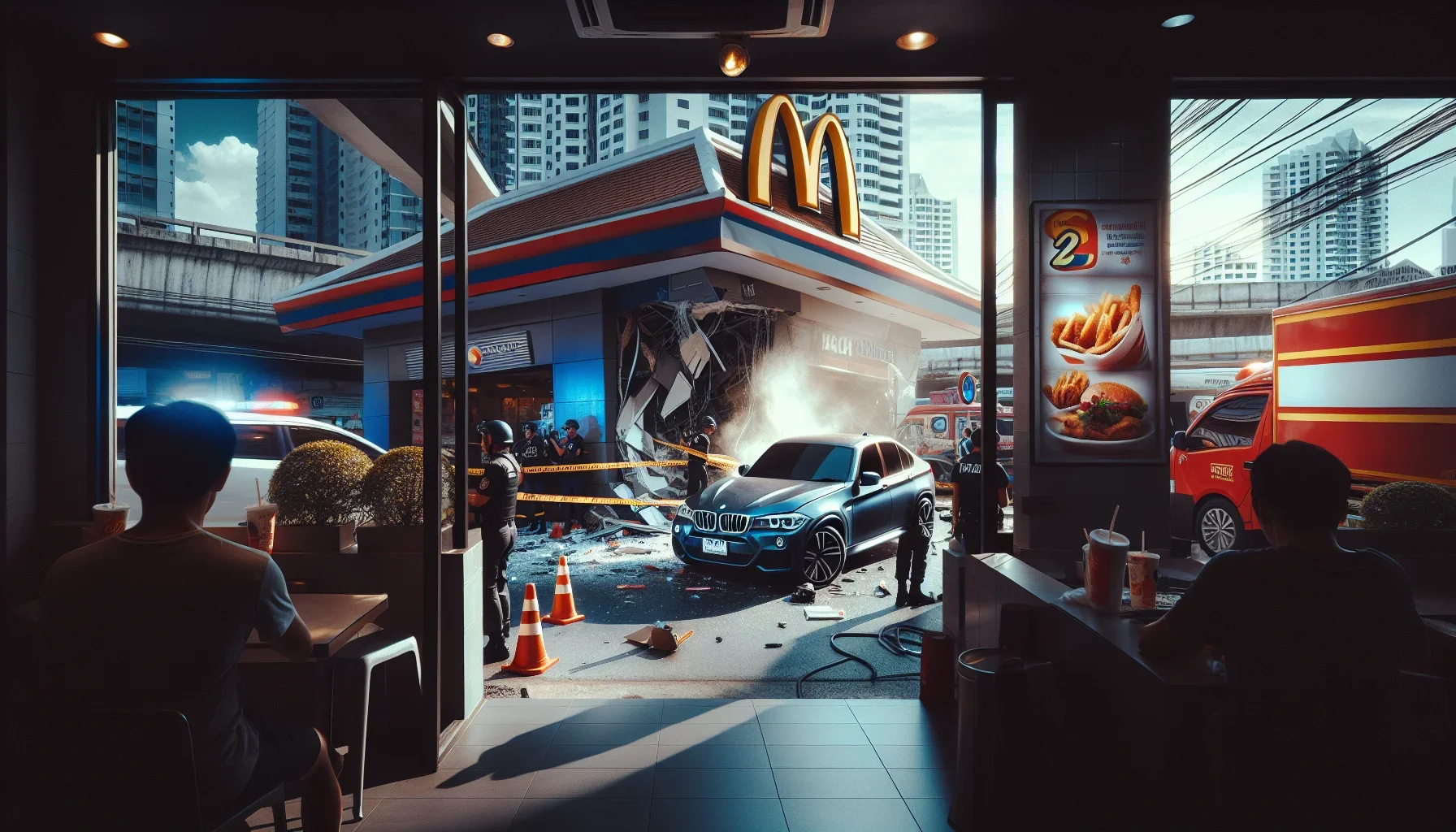 BMW หรูพุ่งชนกระจกหน้าร้าน KFC สาขาในกรุงเทพฯ ไม่มีผู้บาดเจ็บสาหัส